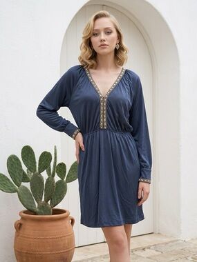 7 For All Mankind Dress Women's Medium Blue Beaded Embellished Long Sleeve NWT